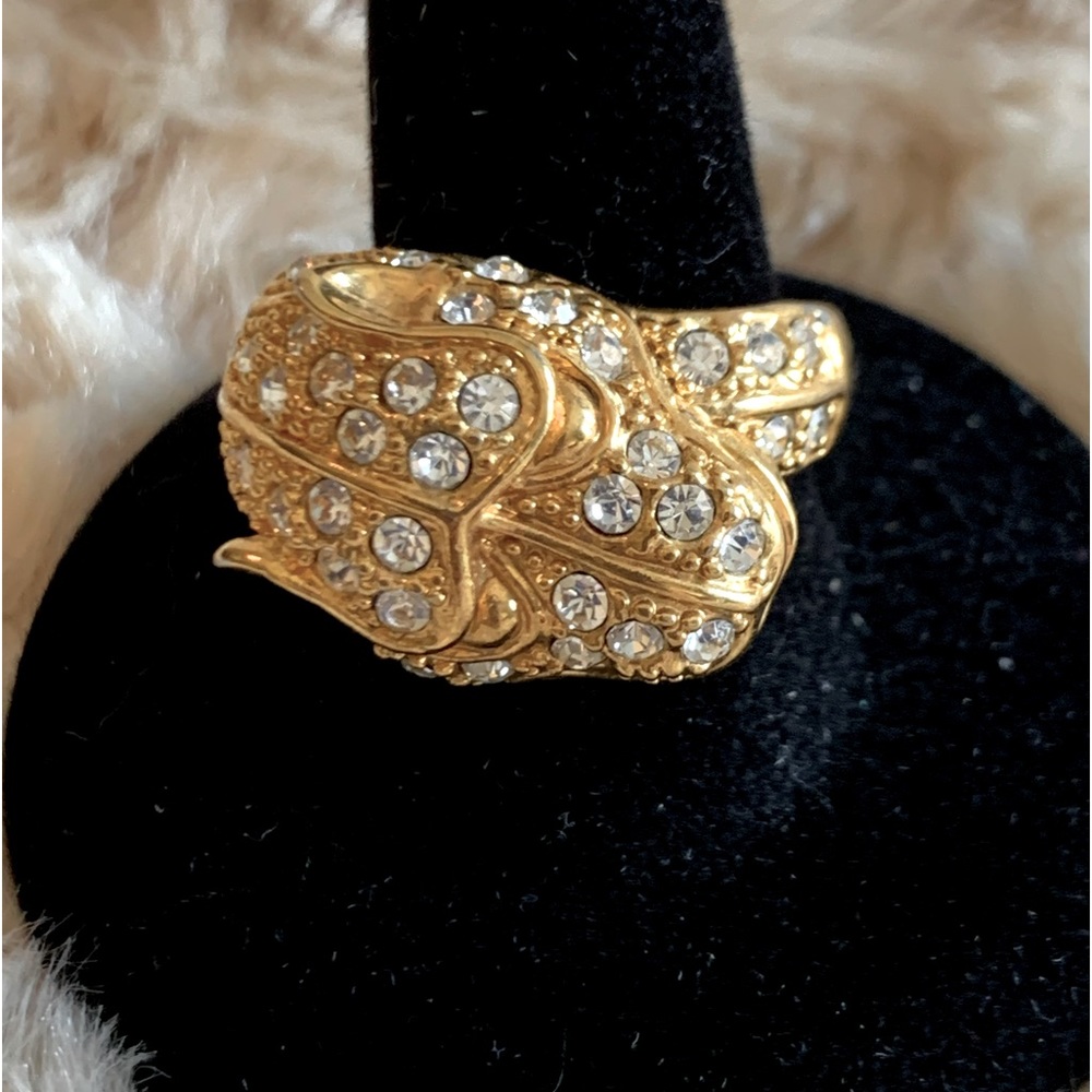 Rhinestone Gold Tone Panther Statement Ring Size 8 1/2”